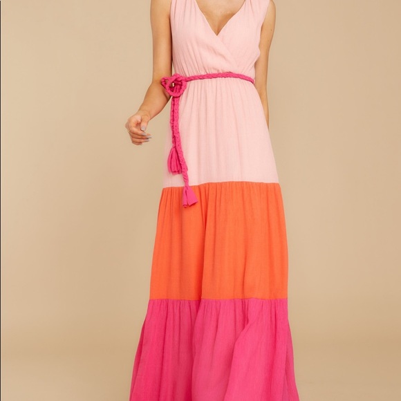 Multicolor Pink Block Colors Belted Maxi Dress - Picture 6 of 7